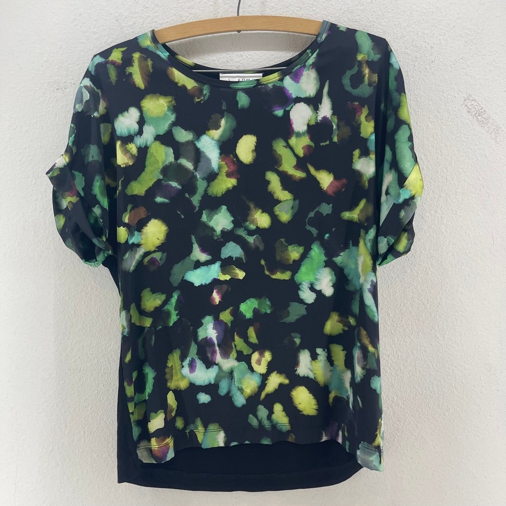 Joseph Ribkoff Abstract Print Black Green Purple Viscose Rayon Blouse Top M